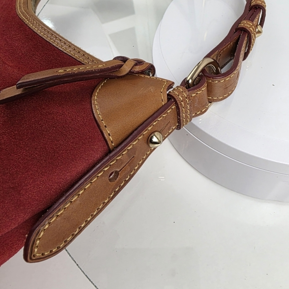Dooney & Bourke Red Suede Hobo Shoulder Bag‎ Leather Tan Purse Classic - Picture 14 of 16